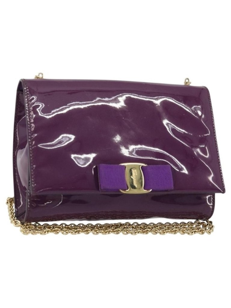 Authentic Salvatore Ferragamo Vala Chain Bag Patent Leather Purple Gold